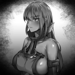 Rule 34 | 1girl, absurdres, anchor, bismarck (kancolle), breasts, detached sleeves, greyscale, hair between eyes, highres, kantai collection, large breasts, military, military uniform, monochrome, sideboob, sidelocks, sing152, solo, uniform, upper body