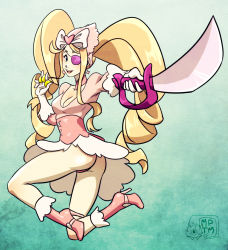 Rule 34 | 10s, 1girl, between fingers, blonde hair, blue eyes, boots, bow, corset, cutlass, dress, drill hair, earrings, eyepatch, gloves, gold, hair bow, harime nui, heart, high heel boots, high heels, holding, jewelry, kill la kill, long hair, my pet tentacle monster, panties, pantyshot, side slit, smile, solo, twin drills, underwear