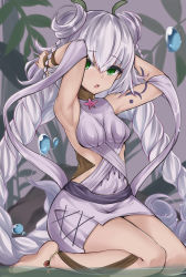 Rule 34 | 1girl, absurdres, anklet, armpits, arms behind head, arms up, bare shoulders, barefoot, braid, breasts, commentary request, covered navel, double bun, dress, duel monster, green eyes, grey dress, hair between eyes, hair bun, highres, jewelry, kirikan (cokekiri), long hair, looking at viewer, medium breasts, parted lips, shallow water, silver hair, sitting, sleeveless, sleeveless dress, soles, solo, traptrix genlisea, twin braids, twintails, very long hair, wariza, water, water drop, yu-gi-oh!