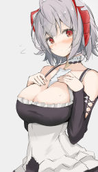 Rule 34 | 3:, arknights, azur lane, bare shoulders, between breasts, blush, breasts, cleavage, closed mouth, collarbone, corset, cosplay, demon girl, demon horns, detached sleeves, embarrassed, flying sweatdrops, formidable (azur lane), formidable (azur lane) (cosplay), frown, hands on own chest, highres, horns, kusunoki (gwzx5574), large breasts, long sleeves, looking at viewer, multicolored hair, red eyes, red hair, short hair, silver hair, solo, tearing up, tears, two-tone hair, underbust, upper body, v-shaped eyebrows, w (arknights)