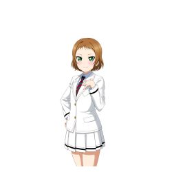 Rule 34 | 10s, 1girl, artist request, blazer, blush, brown hair, green eyes, hand on own chest, hand on own hip, jacket, kira tsubasa, looking at viewer, love live!, love live! school idol festival, love live! school idol project, necktie, official art, pleated skirt, school uniform, short hair, simple background, skirt, smile, solo, standing, striped necktie, striped neckwear, transparent background, uniform, utx school uniform, white background