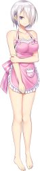 Rule 34 | 1girl, apron, artwhirl mahou gakuen no otome-tachi, bare arms, bare legs, barefoot, bra, breasts, claudia (artwhirl), cleavage, closed mouth, collarbone, full body, hair over one eye, highres, large breasts, long image, looking at viewer, pink apron, purple eyes, short hair, smile, solo, standing, tall image, transparent background, underwear, white bra, white hair, zinno