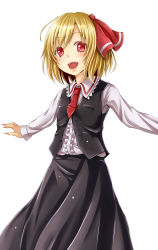 Rule 34 | 1girl, blonde hair, dabadhi, embodiment of scarlet devil, fangs, female focus, hair ribbon, highres, necktie, red eyes, red necktie, ribbon, rumia, smile, solo, touhou, white background