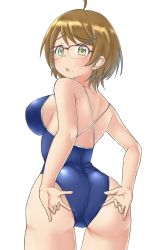 Rule 34 | 1girl, adjusting clothes, adjusting swimsuit, ahoge, aimobake, ass, bad id, bad twitter id, blue one-piece swimsuit, blush, brown hair, commentary, from behind, glasses, green eyes, hair ornament, hairclip, highres, idolmaster, idolmaster cinderella girls, looking at viewer, looking back, mole, mole under mouth, one-piece swimsuit, open mouth, over-rim eyewear, red-framed eyewear, school swimsuit, semi-rimless eyewear, short hair, simple background, solo, standing, swept bangs, swimsuit, tsuchiya ako, white background