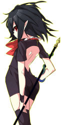 Rule 34 | 1girl, ass, back, backless dress, backless outfit, black dress, black hair, black thighhighs, dress, female focus, from behind, hand on own hip, highres, holding, houjuu nue, no wings, outline, pointy ears, polearm, red eyes, shamo (koumakantv), short dress, short hair, simple background, smile, snake, solo, thighhighs, touhou, trident, weapon, white background, zettai ryouiki, zipper