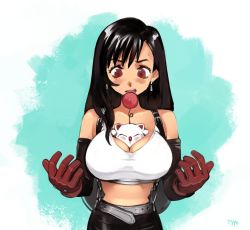 Rule 34 | 1girl, bare shoulders, belt, between breasts, black gloves, black hair, blush, breasts, commentary, crop top, earrings, elbow gloves, english commentary, final fantasy, final fantasy vii, gloves, highres, jewelry, large breasts, long hair, midriff, moogle, open mouth, optionaltypo, red eyes, red gloves, simple background, skirt, solo, square enix, suspender skirt, suspenders, tank top, tifa lockhart, white tank top