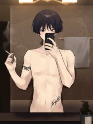 Rule 34 | 1boy, arm tattoo, bathroom, black eyes, black hair, black nails, cellphone, cigar, cigarette, commentary, completely nude, earrings, english commentary, genshin impact, holding, holding cigarette, holding phone, indoors, jewelry, looking at mirror, male focus, mirror, nail polish, navel, nude, phone, scaramouche (genshin impact), selfie, single earring, smartphone, smoke, soap bottle, solo, stomach tattoo, tattoo, yuii 03
