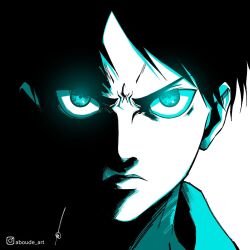 Rule 34 | 1boy, aboude art, artist name, black hair, closed mouth, commentary, eren yeager, highres, instagram logo, instagram username, limited palette, looking at viewer, male focus, shingeki no kyojin, short hair, signature, solo, spot color