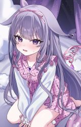 1girl alternate_costume blush grey_hair hair_flaps highres hololive hololive_english jewel_under_eye koseki_bijou leg_warmers long_hair looking_at_viewer noraneco117 open_mouth pebble_(koseki_bijou) purple_eyes purple_leg_warmers purple_shirt purple_shorts shirt shorts smile very_long_hair virtual_youtuber