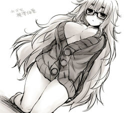 Rule 34 | 10s, 1girl, :&lt;, bad id, bad pixiv id, blush, breasts, cardigan, fate/extra, fate/extra ccc, fate (series), glasses, jinako carigiri, kneeling, large breasts, long hair, looking at viewer, messy hair, monochrome, naked sweater, sketch, solo, sweater, utsugi (skydream), very long hair