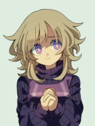 Rule 34 | 1girl, absurdres, blonde hair, closed mouth, colored eyelashes, curly hair, eyes visible through hair, flipped hair, frown, furrowed brow, grey background, hands up, head tilt, highres, long hair, long sleeves, looking to the side, medium bangs, nervous, own hands together, puffy long sleeves, puffy sleeves, purple eyes, purple sweater, purple vest, rueruechn, shaded face, shadow, sidelocks, simple background, solo, sweater, tareme, turtleneck, turtleneck sweater, unusually open eyes, upper body, urotsuki, vest, yume 2kki