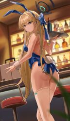 Rule 34 | 1girl, absurdres, alcohol, animal ears, ass, back, backless leotard, bar (place), blonde hair, blue archive, blue eyes, blue hairband, blue leotard, bottle, breasts, briefcase, closed mouth, cup, drinking glass, fake animal ears, hairband, halo, highleg, highleg leotard, highres, holding, holding tray, legs, leotard, long hair, medium breasts, microphone, playboy bunny, rabbit ears, rabbit tail, shelf, solo, stool, tail, thighhighs, thighs, toki (blue archive), toki (bunny) (blue archive), tray, v, very long hair, white thighhighs, yato (yama0x1)