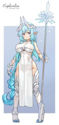 Rule 34 | 1girl, armor, blue background, blue hair, braid, breasts, closed mouth, commentary request, copyright request, dress, full body, gauntlets, greaves, groin, holding, holding weapon, horns, impossible clothes, large breasts, long hair, looking at viewer, no panties, original, pelvic curtain, pigeon-toed, pointy ears, polearm, sachito, single braid, solo, spear, standing, thighhighs, very long hair, weapon, white dress