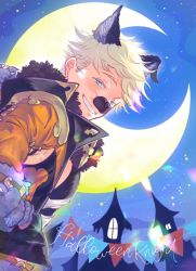 Rule 34 | 1boy, animal ears, animal hands, bara, black tank top, blonde hair, blush, crescent moon, fur collar, gloves, granblue fantasy, halloween costume, jacket, large pectorals, looking at viewer, male focus, moon, muscular, muscular male, night, night sky, official alternate costume, orange jacket, outdoors, paw gloves, pectorals, shirt, sky, sky kbuc, smile, solo, tank top, torn clothes, torn shirt, twitter username, upper body, vane (granblue fantasy), vane (halloween) (granblue fantasy), white shirt, wolf boy, wolf ears