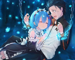 Rule 34 | 10s, 1boy, 1girl, absurdres, black hair, black ribbon, blood, blood from mouth, blue hair, blush, breasts, cleavage, collar, crying, crying with eyes open, cuffs, detached collar, detached sleeves, closed eyes, frilled collar, frilled sleeves, frills, hair between eyes, hair ornament, highres, jersey, looking at another, lying, lying on person, maid, maid headdress, medium breasts, muttsuri xiaomen, natsuki subaru, open mouth, purple ribbon, re:zero kara hajimeru isekai seikatsu, red eyes, rem (re:zero), ribbon, shackles, short hair, spiked hair, spoilers, tears, teeth, x hair ornament