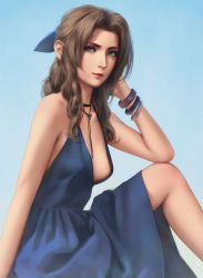 Rule 34 | 1girl, aerith gainsborough, alternate color, bangle, bare shoulders, blue background, blue dress, blue ribbon, blue theme, bracelet, braid, braided ponytail, breasts, brown hair, choker, dress, feet out of frame, final fantasy, final fantasy vii, final fantasy vii remake, flower choker, from side, green eyes, hair ribbon, hand in own hair, highres, jewelry, light smile, long dress, long hair, looking at viewer, medium breasts, miura-n315, parted bangs, plunging neckline, ribbon, sideboob, sidelocks, sitting, sleeveless, sleeveless dress, solo, square enix, wavy hair