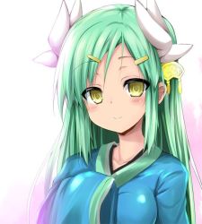 Rule 34 | 1girl, aqua hair, blush, breasts, fate/grand order, fate (series), hair ornament, hairclip, horns, japanese clothes, kimono, kiyohime (fate), long hair, looking at viewer, sen (astronomy), sleeves past wrists, smile, solo, yellow eyes