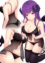 Rule 34 | 1girl, armpits, arms at sides, ass, babydoll, bare arms, bare shoulders, black panties, black ribbon, black thighhighs, blush, breasts, cleavage, closed mouth, collarbone, cropped legs, demon girl, demon horns, demon tail, downblouse, floral print, hand on own chest, head tilt, hicha nomu, highres, horns, kneeling, large breasts, long hair, looking at viewer, multiple views, original, panties, print panties, purple eyes, purple hair, ribbon, rose print, see-through, shoulder blades, side-tie panties, sidelocks, simple background, smile, straight hair, tail, thigh strap, thighhighs, underwear, underwear only, white background