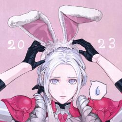 Rule 34 | 1girl, 2023, animal ears, blush, cape, closed mouth, edelgard von hresvelg, fire emblem, fire emblem: three houses, fire emblem warriors: three hopes, hair ornament, hair ribbon, long hair, looking at viewer, mueririko, nintendo, official alternate costume, official alternate hairstyle, purple eyes, rabbit ears, red cape, ribbon, simple background, solo, white hair