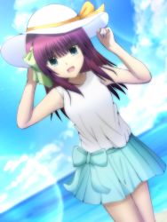 Rule 34 | 1girl, :d, angel beats!, aqua eyes, blue bow, blue skirt, blue sky, blunt bangs, bow, cloud, day, dutch angle, green bow, hair bow, hairband, hat, hat bow, hat ribbon, highres, lelie (lelie link), lens flare, long hair, looking at viewer, miniskirt, ocean, open mouth, outdoors, pleated skirt, purple hair, purple hairband, ribbon, shirt, skirt, sky, sleeveless, sleeveless shirt, smile, solo, standing, straight hair, summer, sun hat, white headwear, white shirt, yellow bow, yellow ribbon, yuri (angel beats!)