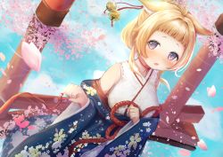 Rule 34 | 1girl, animal ear fluff, animal ears, ariake (azur lane), azur lane, bell, blush, breasts, cherry blossoms, clenched hands, commentary request, fang, hair ornament, highres, inushida (dogsheepsheep), japanese clothes, looking at viewer, purple eyes, reflection, short hair, solo, string, string of fate, torii