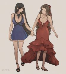 Rule 34 | 2girls, aerith gainsborough, aerith gainsborough (red dress), arms at sides, bare arms, bare legs, bare shoulders, black bow, black bowtie, black footwear, black hair, blue dress, bow, bowtie, breasts, brown background, brown footwear, brown hair, cleavage, closed mouth, cocktail dress, couple, dress, evening gown, final fantasy, final fantasy vii, final fantasy vii remake, full body, green eyes, high-low skirt, high heels, holding hands, jewelry, large breasts, long dress, long hair, looking at another, looking to the side, medium breasts, multiple girls, neck, necklace, official alternate costume, open mouth, parted bangs, ponytail, red dress, red eyes, shillo, short dress, side-by-side, simple background, sleeveless, sleeveless dress, smile, square enix, standing, straight hair, strapless, strapless dress, swept bangs, tifa lockhart, tifa lockhart (refined dress), very long hair, wall market