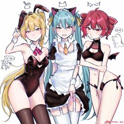 Rule 34 | 3girls, adjusting clothes, adjusting headwear, ahoge, akita neru, alternate costume, animal ear hairband, animal ears, antenna hair, apron, aqua hair, armpits, artist name, bare shoulders, bat ear panties, bat wings, black bra, black dress, black leotard, black thighhighs, blonde hair, bow, bowtie, bra, breasts, cat ear hairband, cat ears, cleavage, closed mouth, clothes lift, clothing cutout, commentary, covering crotch, covering privates, detached collar, dot mouth, dragon, dress, drill hair, earrings, embarrassed, enmaided, fake animal ears, fake wings, fang, frilled apron, frilled dress, frilled hairband, frills, garter straps, hair between eyes, hair ornament, hair ribbon, hairband, hairclip, halterneck, hand on own arm, hand up, hashtag-only commentary, hatsune miku, heart cutout, highres, jewelry, kasane teto, leotard, lifting own clothes, long hair, looking at viewer, maid, maid headdress, medium breasts, meme, midriff, mini wings, multiple earrings, multiple girls, narrowed eyes, naruru ovo, naughty face, navel, necktie, open mouth, panties, playboy bunny, puffy short sleeves, puffy sleeves, rabbit ear hairband, rabbit ears, red bow, red bowtie, red hair, ribbon, robot, robot (manabi kangaeru rekishi), robot (manabi kangaeru rekishi) (meme), short necktie, short sleeves, side-by-side, side-tie panties, side ponytail, signature, simple background, skirt, skirt lift, speech bubble, standing, strapless, strapless leotard, suki na souzai happyou dragon (utau), teasing, thighhighs, triple baka (vocaloid), twin drills, twintails, twitter username, underwear, utau, v-shaped eyebrows, very long hair, vocaloid, white apron, white background, white hairband, white thighhighs, wings, wrist cuffs, yellow necktie, yellow ribbon