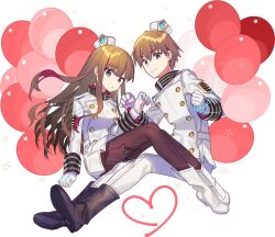 1boy 1girl balloon boots breasts brown_eyes brown_hair brown_pantyhose buttons double-breasted fate/extra fate_(series) gloves hat highres jacket kishinami_hakuno_(female) kishinami_hakuno_(male) long_hair long_sleeves looking_at_viewer medium_breasts negi_(ulog&#039;be) pants pantyhose short_hair sidelocks smile white_gloves white_hat white_jacket white_pants