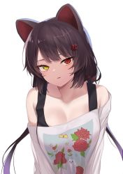 Rule 34 | 1girl, animal ears, bare shoulders, black hair, breasts, collarbone, commentary request, dog ears, dog hair ornament, floral print, flower, hair flower, hair ornament, head tilt, heterochromia, highres, inui toko, korean commentary, kuki panda (wkdwnsgk13), long hair, looking at viewer, low twintails, medium breasts, nijisanji, off-shoulder shirt, off shoulder, parted lips, print shirt, red eyes, red flower, shirt, simple background, smile, solo, twintails, upper body, very long hair, virtual youtuber, white background, white shirt, yellow eyes