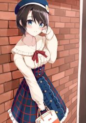 Rule 34 | 1girl, absurdres, against wall, bag, black hair, blue eyes, blue headwear, blue skirt, blush, breasts, brick wall, center frills, collar, collarbone, commentary request, cowboy shot, day, eyelashes, frilled collar, frilled skirt, frills, hair between eyes, hand up, high-waist skirt, highres, holding, holding bag, hololive, impossible clothes, long sleeves, looking at viewer, medium breasts, oozora subaru, oozora subaru (casual), outdoors, parted lips, plaid, plaid skirt, red ribbon, ribbon, shirt, short hair, skirt, smile, solo, standing, virtual youtuber, white collar, white shirt, yanagi marie