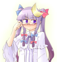 Rule 34 | 1girl, alternate hairstyle, arnest, bespectacled, blush, bow, capelet, crescent, crescent hair ornament, female focus, glasses, hair bow, hair ornament, hat, long hair, looking over eyewear, no headwear, patchouli knowledge, purple eyes, purple hair, semi-rimless eyewear, simple background, solo, touhou, twintails, under-rim eyewear, upper body, white background