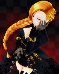 Rule 34 | 1girl, black dress, black eyes, blonde hair, braid, breasts, checkered background, cowboy shot, cross-laced clothes, dress, dutch angle, earrings, french braid, frilled cuffs, frills, from above, gloves, gold trim, gorori (pixiv 1852522), hair ornament, hand on own cheek, hand on own face, highres, jewelry, large breasts, long hair, phaleg ives, phantasy star, phantasy star online 2, red background, single braid, smile, solo, standing