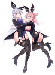 2girls @_@ absurdres animal_ear_hairband animal_ears ass black_coat black_footwear black_thighhighs blue_eyes blue_leotard blush breasts bunny_day coat coattails fake_animal_ears full_body garter_straps hair_ornament hairband hashtag-only_commentary high_heels highres hiwamura_hiyori imminent_hug kamio_fukuchi lace lace_thighhighs large_breasts leg_up leotard long_hair looking_at_viewer multiple_girls one_side_up open_mouth pink_hair pink_leotard playboy_bunny rabbit_ear_hairband rabbit_ears rabbit_tail sideboob simple_background sweat tail thighhighs very_long_hair wavy_mouth white_background white_hair x_hair_ornament yowa_yowa_sensei