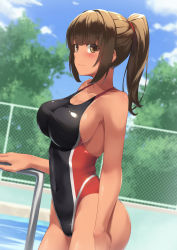 Rule 34 | 1girl, absurdres, black one-piece swimsuit, blunt bangs, blurry, blush, breasts, brown eyes, brown hair, chain-link fence, collarbone, competition swimsuit, covered navel, cowboy shot, day, depth of field, dutch angle, fence, groin, hair intakes, hand up, high ponytail, highleg, highleg swimsuit, highres, impossible clothes, impossible swimsuit, large breasts, light smile, looking at viewer, multicolored clothes, multicolored swimsuit, one-piece swimsuit, one-piece tan, original, outdoors, pool, pool ladder, poolside, rebutsu, red one-piece swimsuit, shiny clothes, shiny skin, sideboob, sidelocks, skindentation, solo, standing, swimsuit, tan, tanline, taut clothes, taut swimsuit, tree