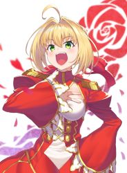 Rule 34 | 10s, 1girl, absurdres, ahoge, blonde hair, blurry, blurry foreground, braid, breasts, commentary, depth of field, dress, epaulettes, fate/extra, fate/grand order, fate (series), floral print, flower, french braid, green eyes, hair bun, hair intakes, hair ribbon, hand on own hip, hand on own chest, highres, joker (tomakin524), juliet sleeves, long dress, long sleeves, looking at viewer, medium breasts, nero claudius (fate), nero claudius (fate) (all), nero claudius (fate/extra), open mouth, puffy sleeves, red dress, red flower, red petals, red ribbon, red rose, ribbon, rose, rose print, short hair, single hair bun, smirk, solo, standing, upper body