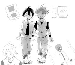 Rule 34 | 00s, 1990s (style), 2boys, aitaki, alternate costume, bad id, bad pixiv id, black hair, broken, character name, computer, creatures (company), creepy, crying, dual persona, game freak, greyscale, handheld game console, horror (theme), monochrome, multiple boys, nintendo, nintendo ds, pokemon, pokemon frlg, pokemon rgby, red (pokemon), red (pokemon frlg), retro artstyle, tears