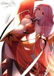 Rule 34 | 1girl, bare shoulders, black thighhighs, bloom, blurry, breasts, center opening, cleavage, commentary request, dated, depth of field, detached sleeves, elbow gloves, expressionless, fingerless gloves, glint, gloves, guilty crown, hair ornament, hairclip, highres, jijing zishui, leaning back, long hair, looking afar, medium breasts, outstretched arms, pink hair, red eyes, solo, thighhighs, twintails, watermark, white background, yuzuriha inori