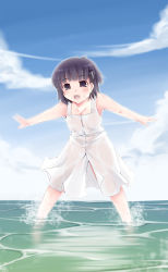 Rule 34 | 1boy, aikawa kizuna, black eyes, black hair, blue eyes, blush, cloud, crossdressing, dress, hair ornament, hairclip, highres, male focus, ocean, open mouth, outdoors, outstretched arms, prunus girl, see-through, sesield, short hair, sky, smile, solo, spread arms, sundress, trap, wading, water, wet, wet clothes
