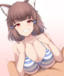 Rule 34 | 1boy, 1girl, animal ears, bikini, breasts squeezed together, breasts, brown hair, clenched teeth, cum, cum on body, cum on breasts, cum on upper body, grin, highres, large breasts, looking at viewer, original, paizuri, paizuri under clothes, pov, red eyes, renetan, smile, swimsuit, teeth