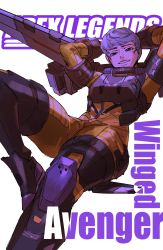 Rule 34 | 1girl, animification, apex legends, armor, arms behind head, bleach, breastplate, brown eyes, copyright name, cover, cover page, fake cover, grey hair, head tilt, highres, jetpack, logo parody, manga cover, parted lips, short hair, sitting, smile, solo, thundergotch, valkyrie (apex legends), white background