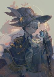 Rule 34 | 1boy, ascot, blue eyes, byefrog, capelet, character request, copyright request, gloves, grey hair, hat, highres, light smile, scar, scar across eye, scar on face, scepter, short hair, solo, witch hat