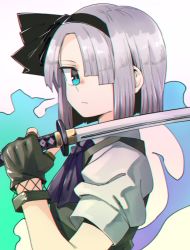 Rule 34 | 1girl, anarogumaaa, aqua eyes, ascot, black bow, black gloves, bow, chromatic aberration, closed mouth, commentary request, fingerless gloves, from side, gloves, hair bow, hair over one eye, holding, holding sword, holding weapon, konpaku youmu, looking at viewer, one eye closed, short hair, short sleeves, silver hair, solo, sword, touhou, unsheathed, upper body, weapon