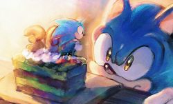 Rule 34 | 2boys, absurdres, animal ears, animal nose, anniversary, black hair, cake, commentary request, dual persona, eye contact, food, furry, furry male, gloves, green eyes, highres, looking at another, mini person, miniboy, multiple boys, poroi (poro586), shoes, sneakers, sonic (series), sonic the hedgehog, sonic the hedgehog (classic), white gloves