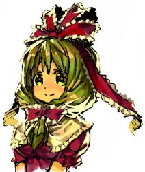 1girl blush bow breasts closed_mouth commentary_request fbc frilled_ribbon frills front_ponytail green_eyes green_hair hair_bow hair_ribbon kagiyama_hina long_hair lowres medium_breasts red_ribbon red_shirt ribbon shirt short_sleeves simple_background smile solo touhou upper_body white_background