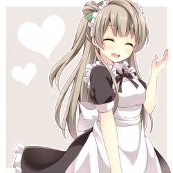 Rule 34 | 10s, 1girl, bow, brown hair, closed eyes, hair bow, komomo (ptkrx), long hair, love live!, love live! school idol project, maid, minami kotori, open mouth, side ponytail, simple background, smile, solo