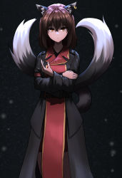 Rule 34 | 1girl, :&lt;, allcy49, alternate costume, animal ears, black background, black coat, brown eyes, brown hair, cat ears, chen, coat, commentary request, crossed arms, earrings, hair between eyes, highres, jewelry, long coat, looking at viewer, multiple tails, nekomata, aged up, short hair, single earring, solo, tail, touhou, two tails