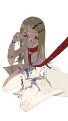 Rule 34 | 1girl, absurdres, animal costume, barefoot, blood, blood on clothes, blood on face, camisole, denim, denim shorts, gakuen idolmaster, gauze on cheek, gauze on knee, hashtag-only commentary, highres, idolmaster, leash, li-mi, light brown hair, looking at viewer, robe, shinosawa hiro, shorts, simple background, sitting, smile, solo, tears, v, viewer holding leash, wariza, white background, white camisole, white robe