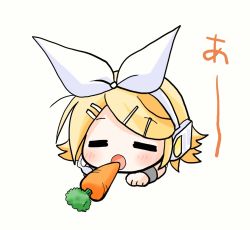 Rule 34 | &gt; &lt;, 1girl, :3, = =, animated, animated gif, blonde hair, blush, carrot, chibi, closed eyes, eating, ebisu senri, hair ornament, hairclip, kagamine rin, short hair, simple background, solo, translation request, vocaloid, white background