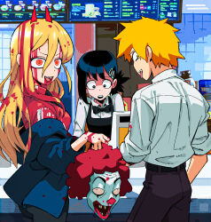 Rule 34 | 2boys, 2girls, absurdres, aisendraw, apron, black apron, black bow, black bowtie, black hair, black pants, blonde hair, blood, blood on clothes, blood on face, blue hoodie, bow, bowtie, cash register, chainsaw man, clip, clown, collared shirt, counter, cross-shaped pupils, denji (chainsaw man), employee uniform, fast food, fast food uniform, higashiyama kobeni, highres, holding head, hood, hoodie, horns, jacket, jacket partially removed, long hair, looking at another, looking at viewer, looking back, mcdonald&#039;s, medium hair, menu, multiple boys, multiple girls, off shoulder, open mouth, pants, power (chainsaw man), red eyes, red hair, red horns, restaurant, ronald mcdonald, severed head, sharp teeth, shirt, shirt tucked in, short hair, short ponytail, single sidelock, sleeves rolled up, sweat, symbol-shaped pupils, teeth, uniform, white shirt