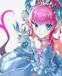 Rule 34 | 1girl, blue dress, blue eyes, blue horns, blue nails, bubble skirt, claws, dress, elizabeth bathory (cinderella rider) (fate), elizabeth bathory (fate), fate/grand order, fate (series), flat chest, frilled dress, frills, gloves, hand up, horns, looking at viewer, pink hair, pink tail, plunging neckline, pointy ears, pov, ribbon trim, skirt, smile, solo, tiara, typtypss, updo, upper body, white background, white gloves, wrist cuffs